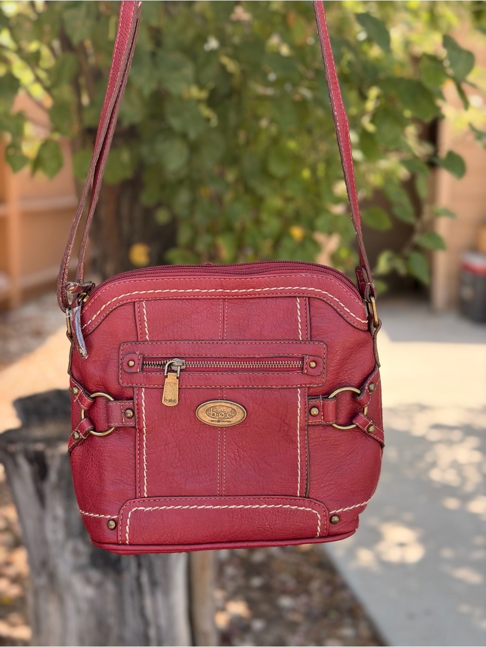 b.o.c. Red Leather Crossbody with Brass Accents